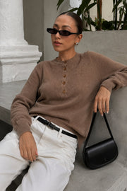 Crew Neck Button Detail Textured Beige Blouse