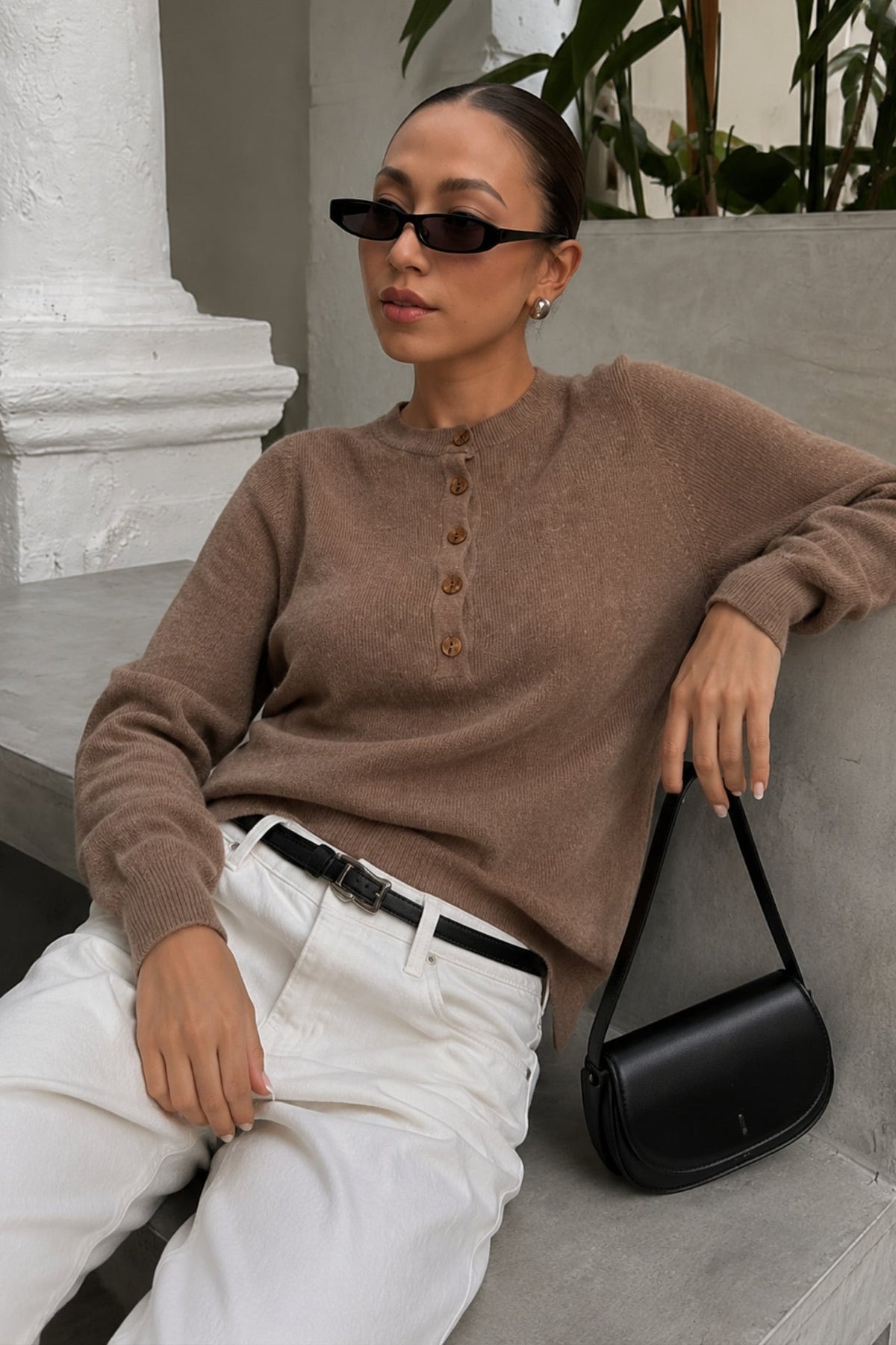 Crew Neck Button Detail Textured Beige Blouse