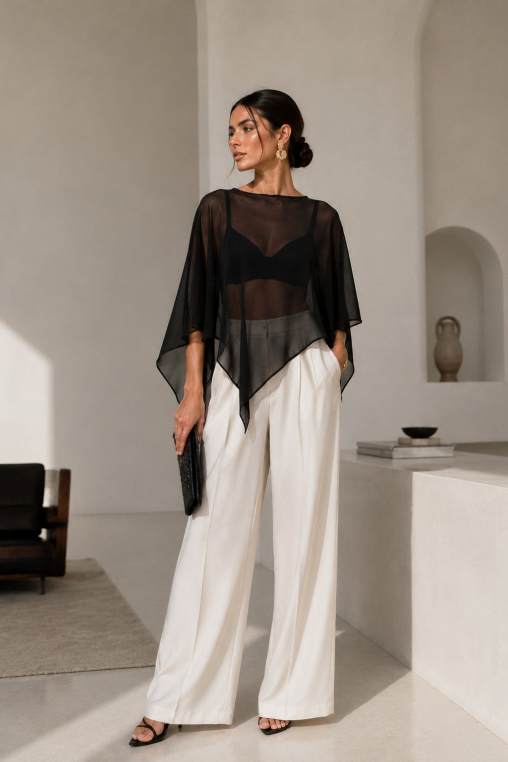 Boat Neck Asymmetric Transparent Black Blouse