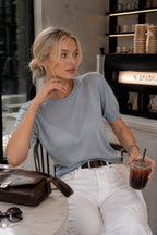 Crew Neck Transparent Textured Blue Blouse