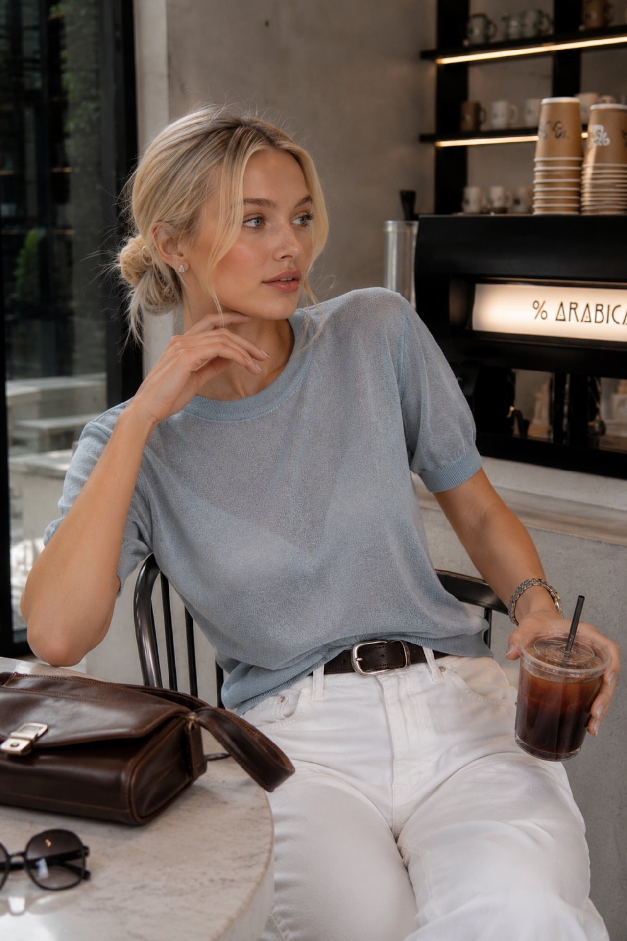 Crew Neck Transparent Textured Blue Blouse
