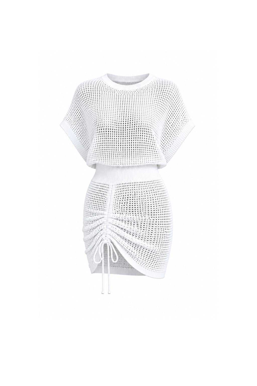 Boat Neck Skirt Ruched Detail Openwork Ecru Dress