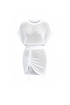Boat Neck Skirt Ruched Detail Openwork Ecru Dress