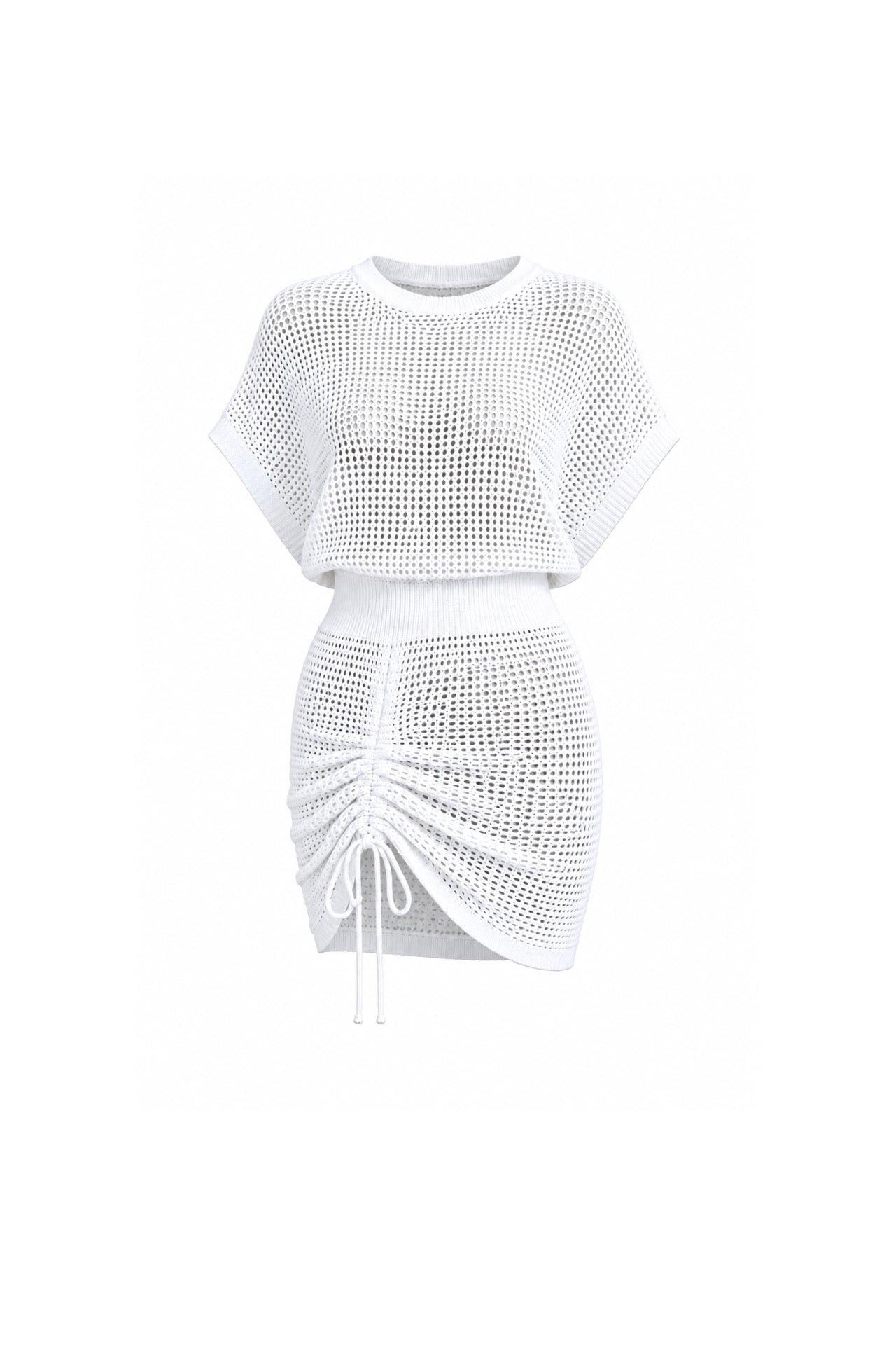 Boat Neck Skirt Ruched Detail Openwork Ecru Dress