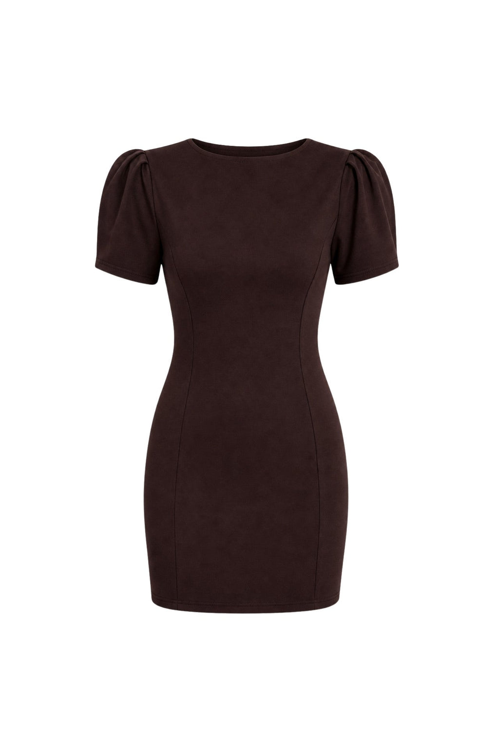 Brown Mini Dress with Gathered Shoulder, Boat Neck, and Half Sleeves