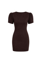 Brown Mini Dress with Gathered Shoulder, Boat Neck, and Half Sleeves