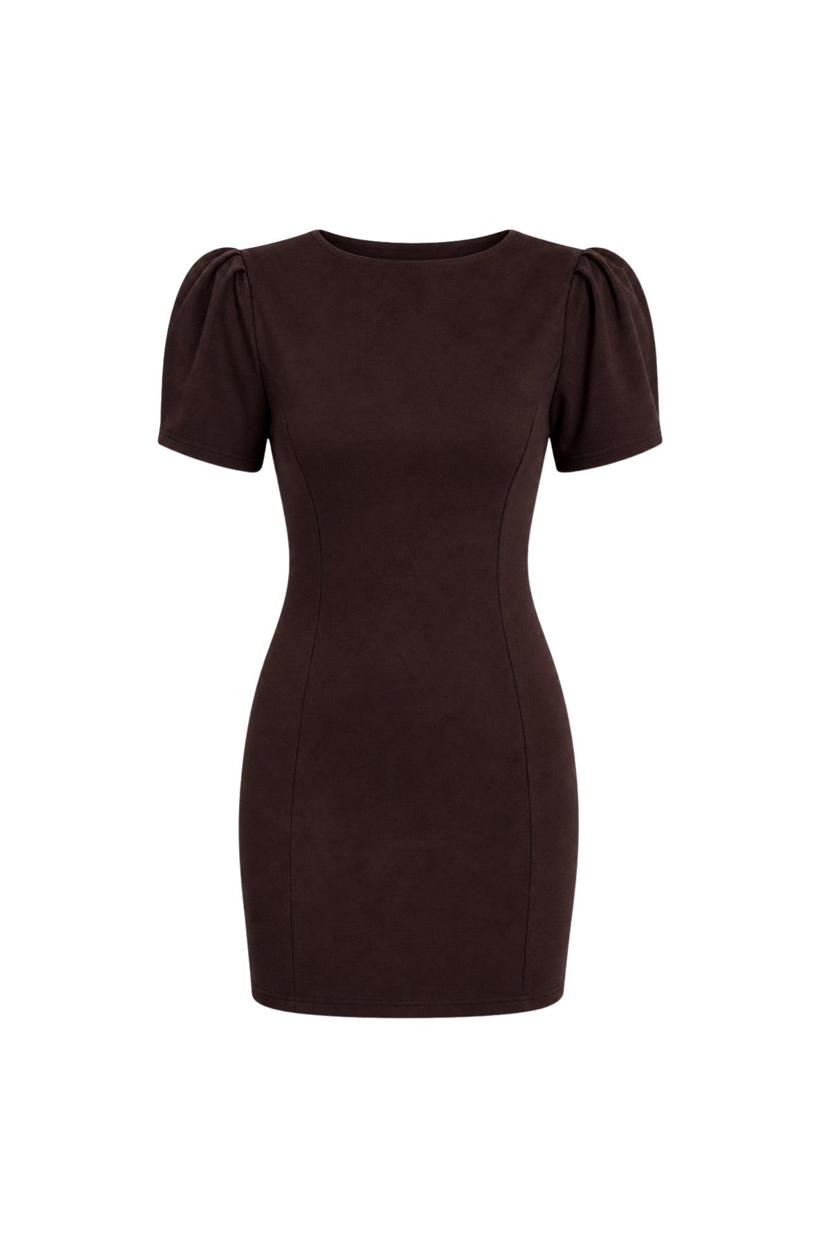 Brown Mini Dress with Gathered Shoulder, Boat Neck, and Half Sleeves
