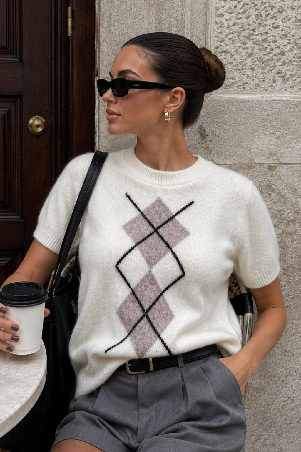 Baklava Pattern Short-Sleeve Textured Ecru Blouse