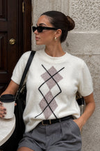 Baklava Pattern Short-Sleeve Textured Ecru Blouse