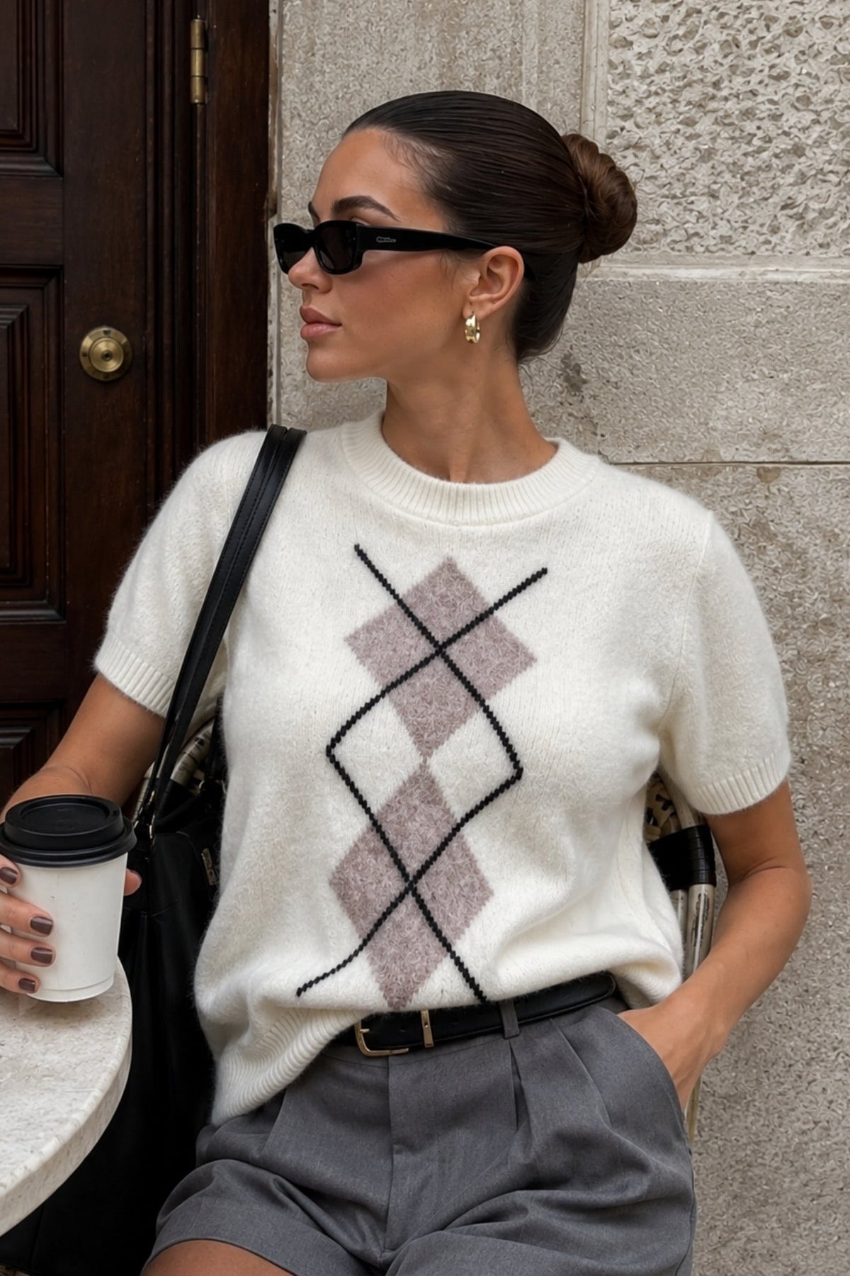 Baklava Pattern Short-Sleeve Textured Ecru Blouse