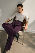 High-Waisted Textured Plum Velvet Trousers
