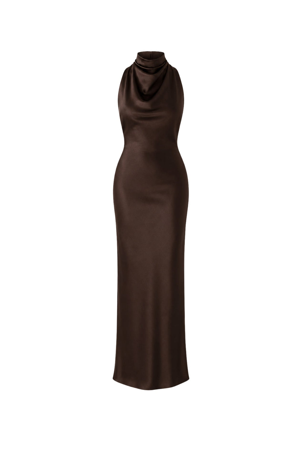 Cowl Neck Maxi Brown Satin Dress
