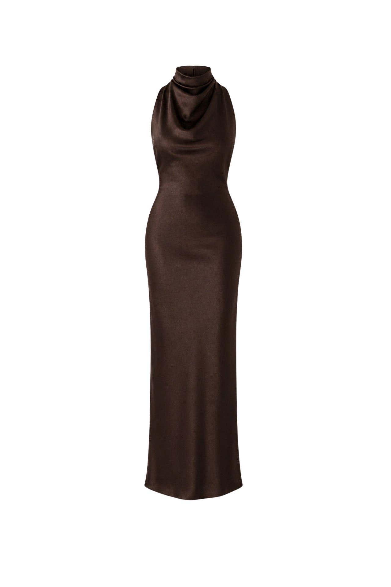 Cowl Neck Maxi Brown Satin Dress