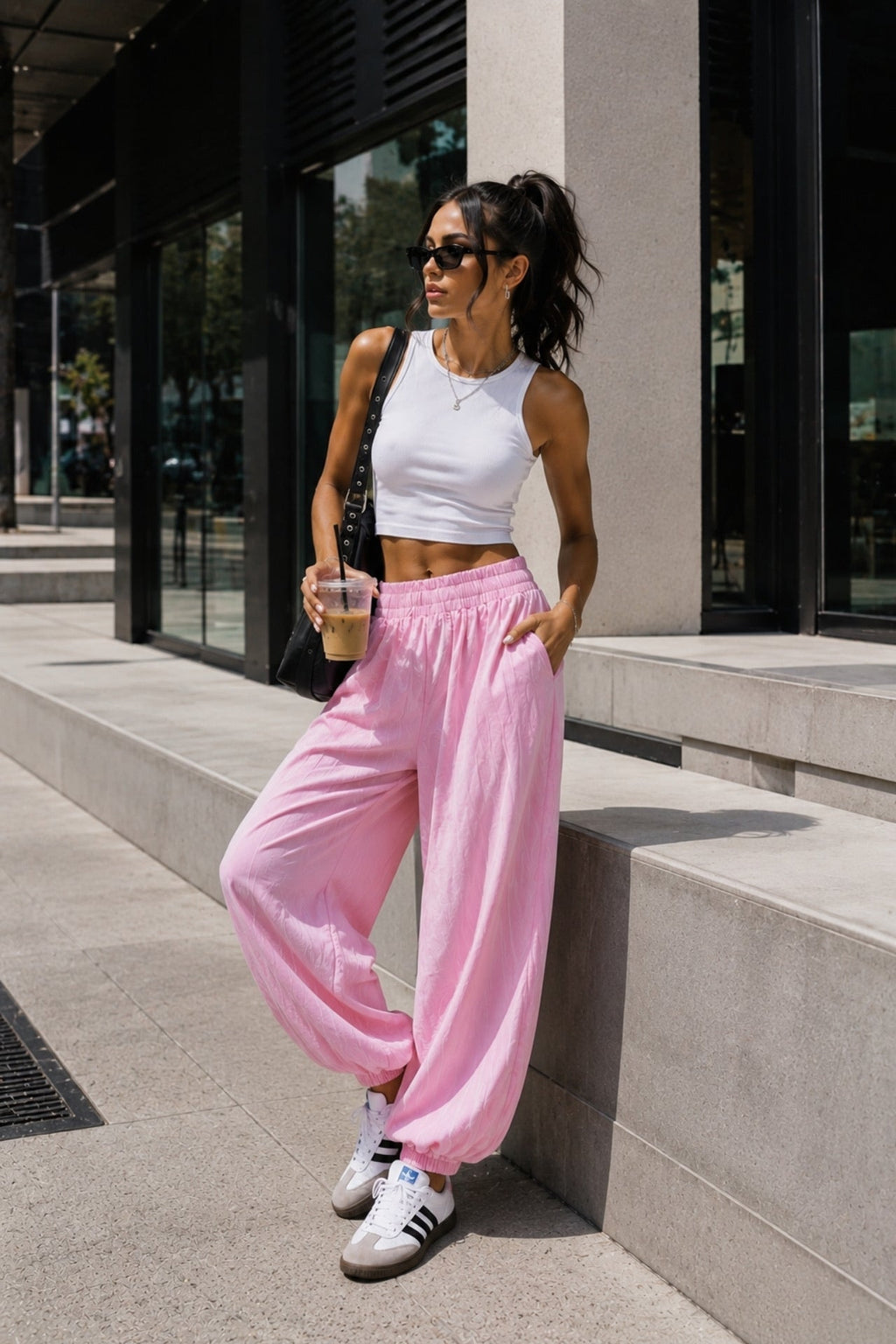 Pink Modal Balloon Trousers with Elastic Waist Detail