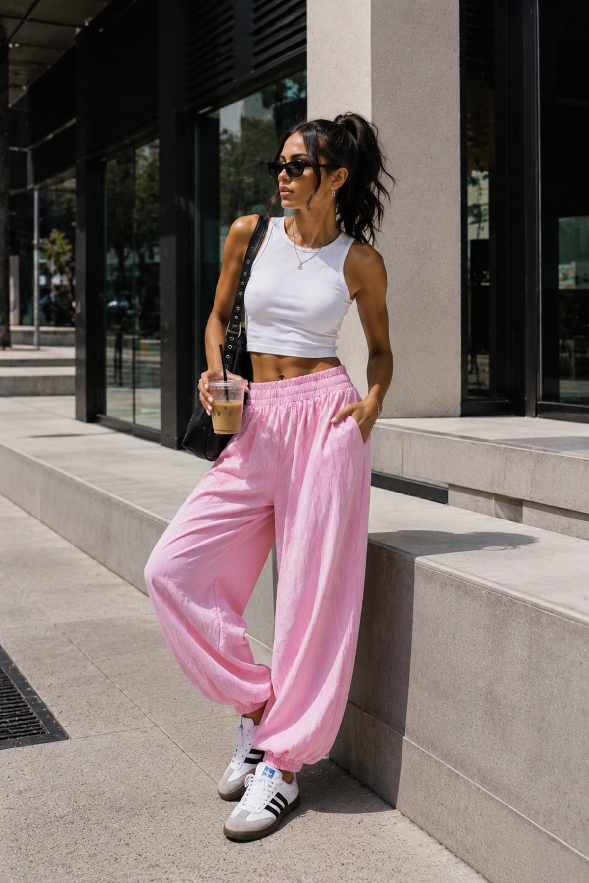 Pink Modal Balloon Trousers with Elastic Waist Detail