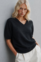 V-Neck Short Sleeve Textured Black Blouse