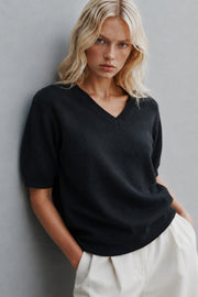 V-Neck Short Sleeve Textured Black Blouse
