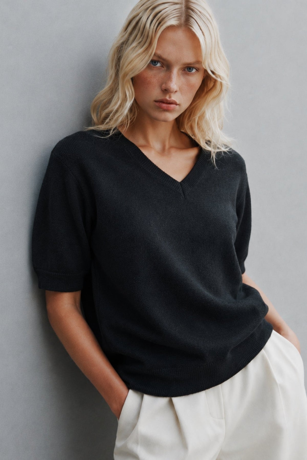 V-Neck Short Sleeve Textured Black Blouse