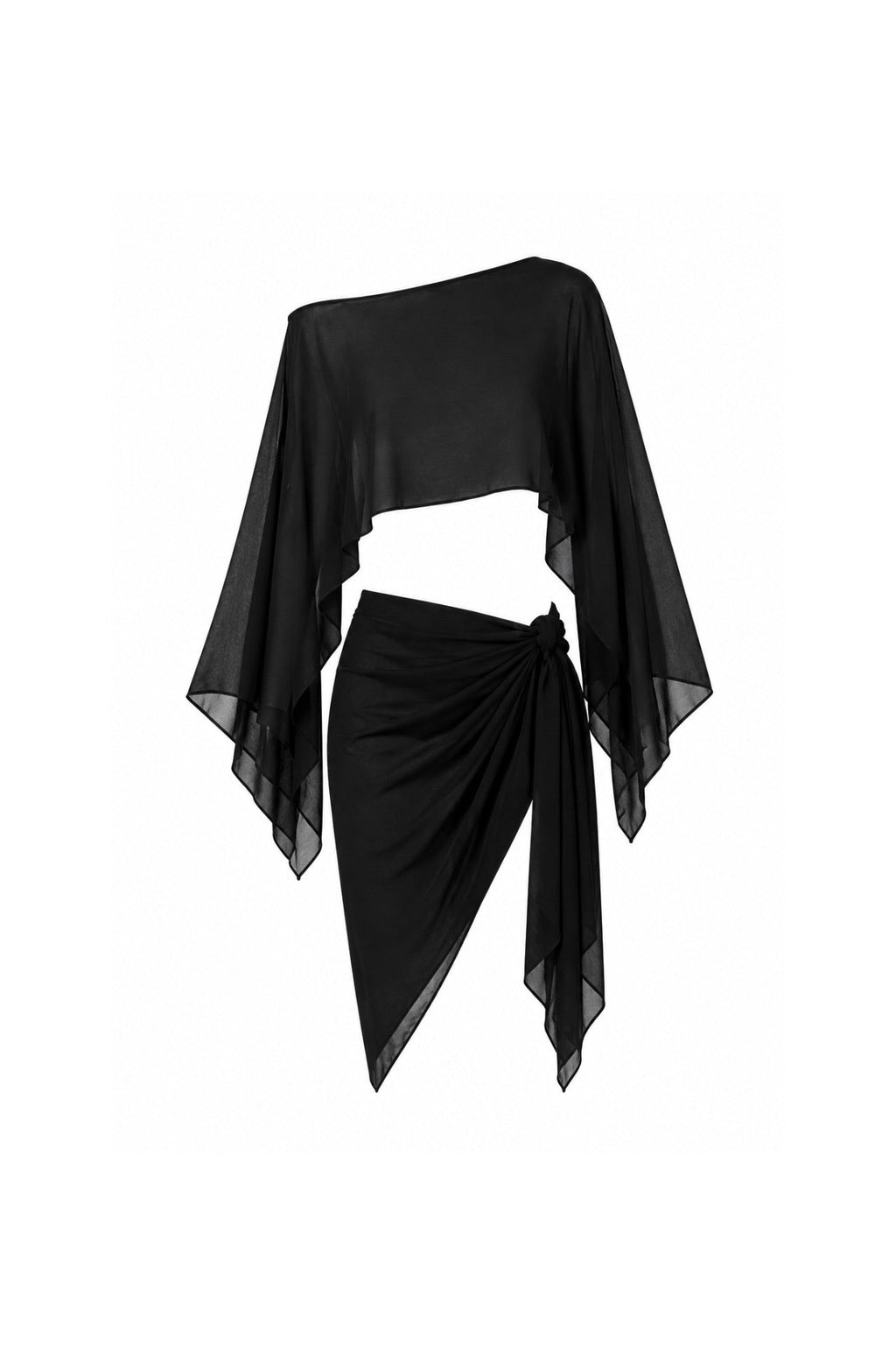 Batwing Boat Neck Crop Blouse Tied Skirt Two-Piece Black Transparent Set