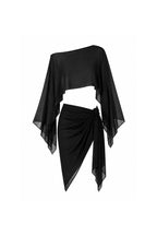 Batwing Boat Neck Crop Blouse Tied Skirt Two-Piece Black Transparent Set