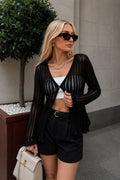 Openwork Uzun Sleeve Black Blouse