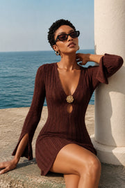 Accessory Detailed Ruffled Sleeve Brown Knit Dress