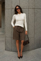Crew Neck Button Detail Textured White Blouse