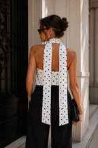 White Polka Dot Blouse with Tie-Neck Accessory Detail
