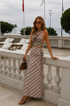 Brown Plaid Pattern Cowl Neck Blouse Tie Detail Skirt İkili Set