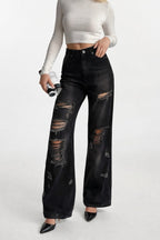 Laser Cut Wide Leg High Waist Black Jeans