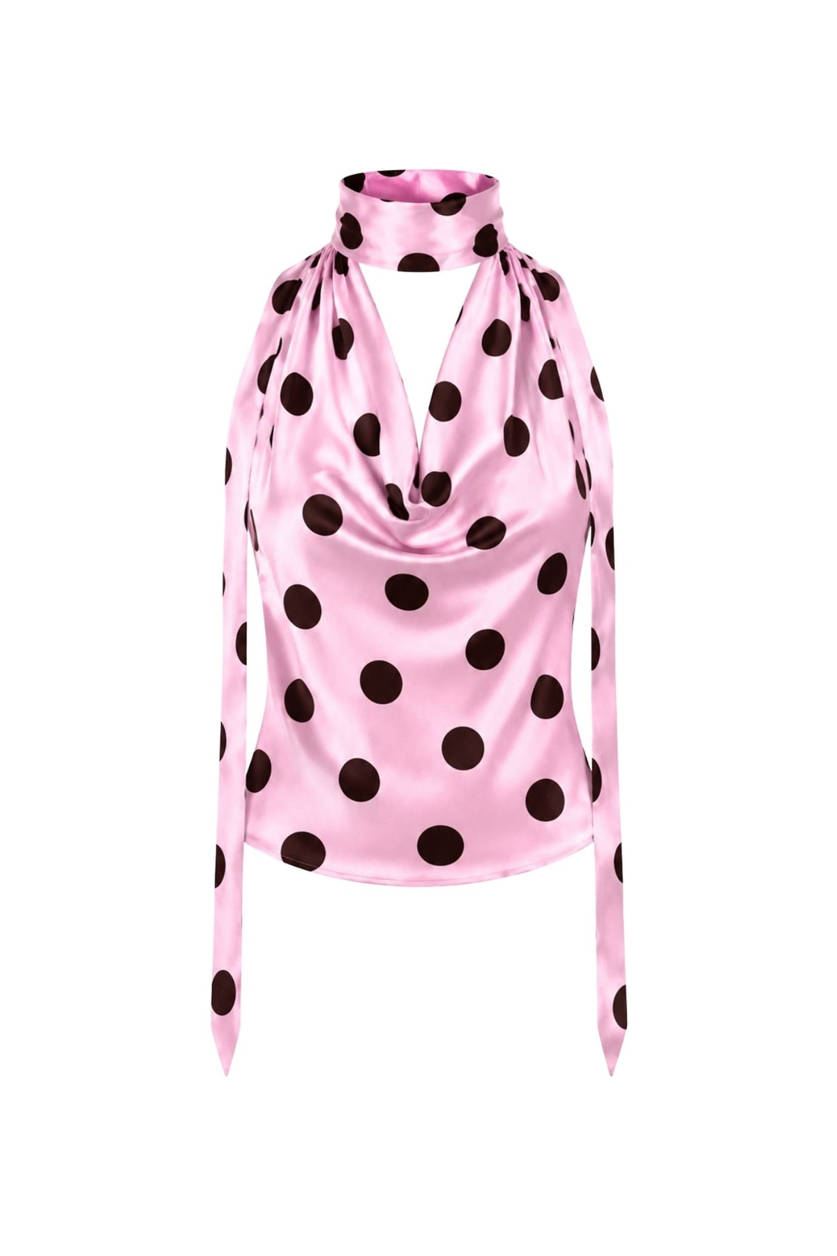 Polka Dot Print Pink Cowl Neck Blouse with Tie Detail