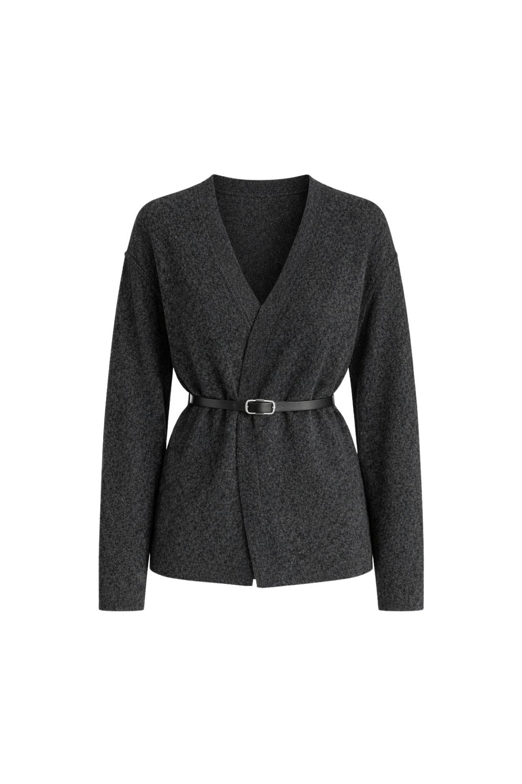 Belt Detail Wrap Collar Anthracite Knit Cardigan