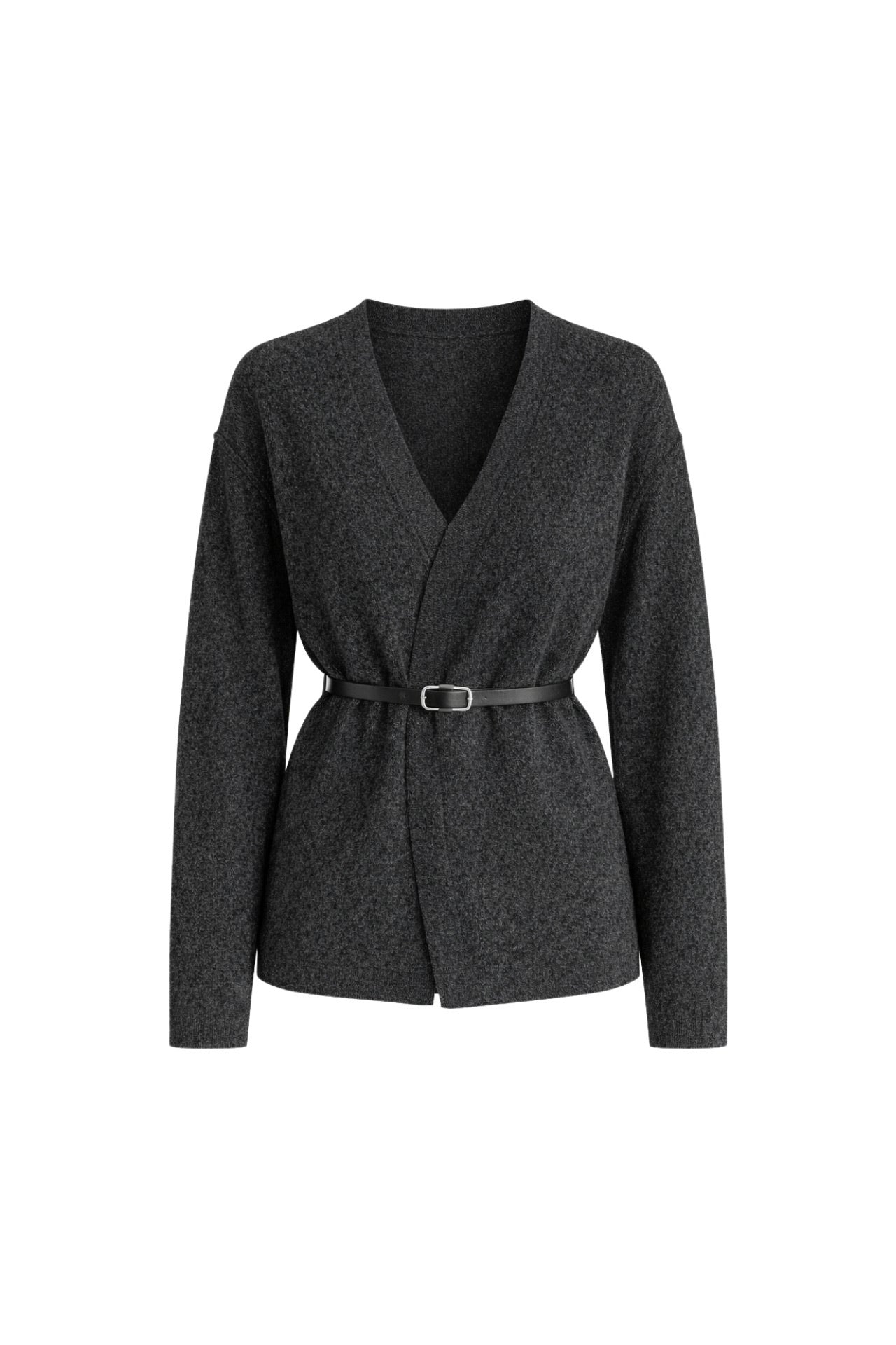 Belt Detail Wrap Collar Anthracite Knit Cardigan