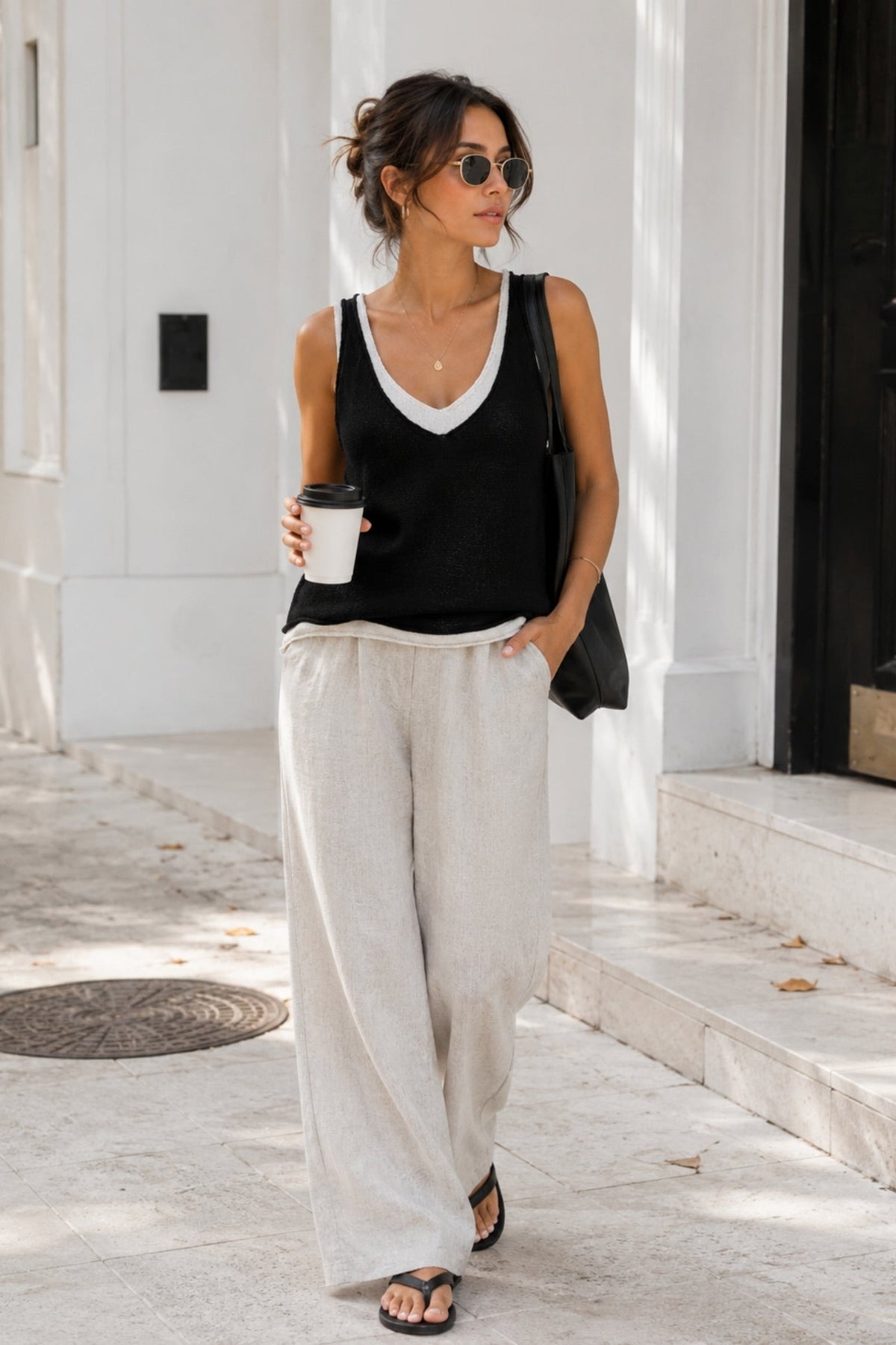 V-Neck Double Collar Black Knit Blouse