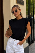 Waist Ruched Detail Padded Shoulder Black Blouse
