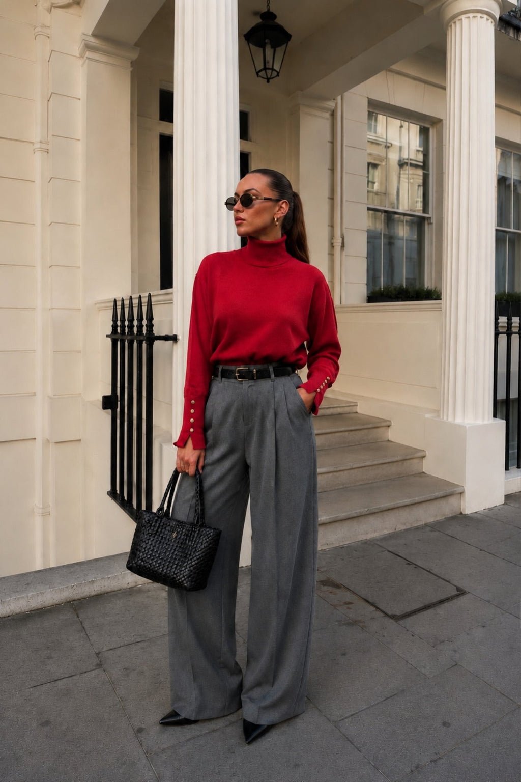 Turtleneck Button Detail Red Knit Blouse
