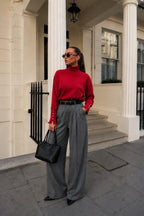 Turtleneck Button Detail Red Knit Blouse