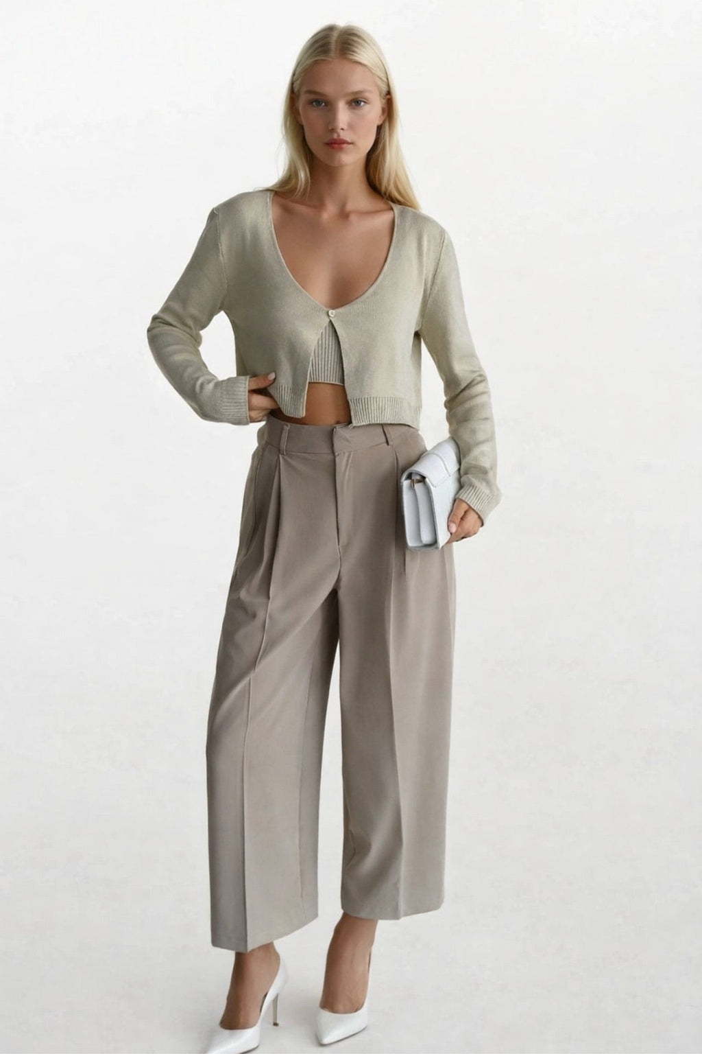 Strappy Blouse Cardigan Beige Knit Set