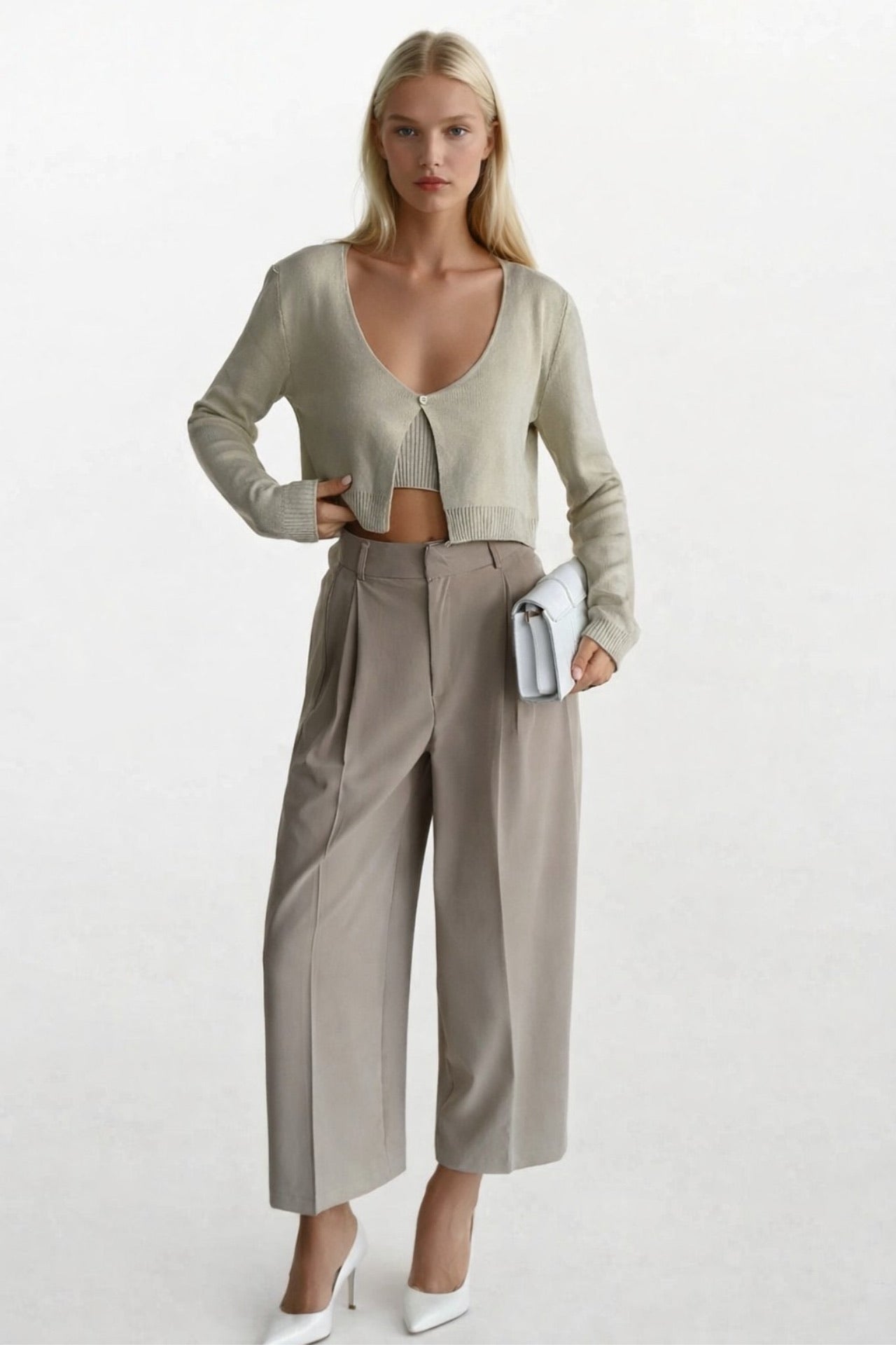 Strappy Blouse Cardigan Beige Knit Set