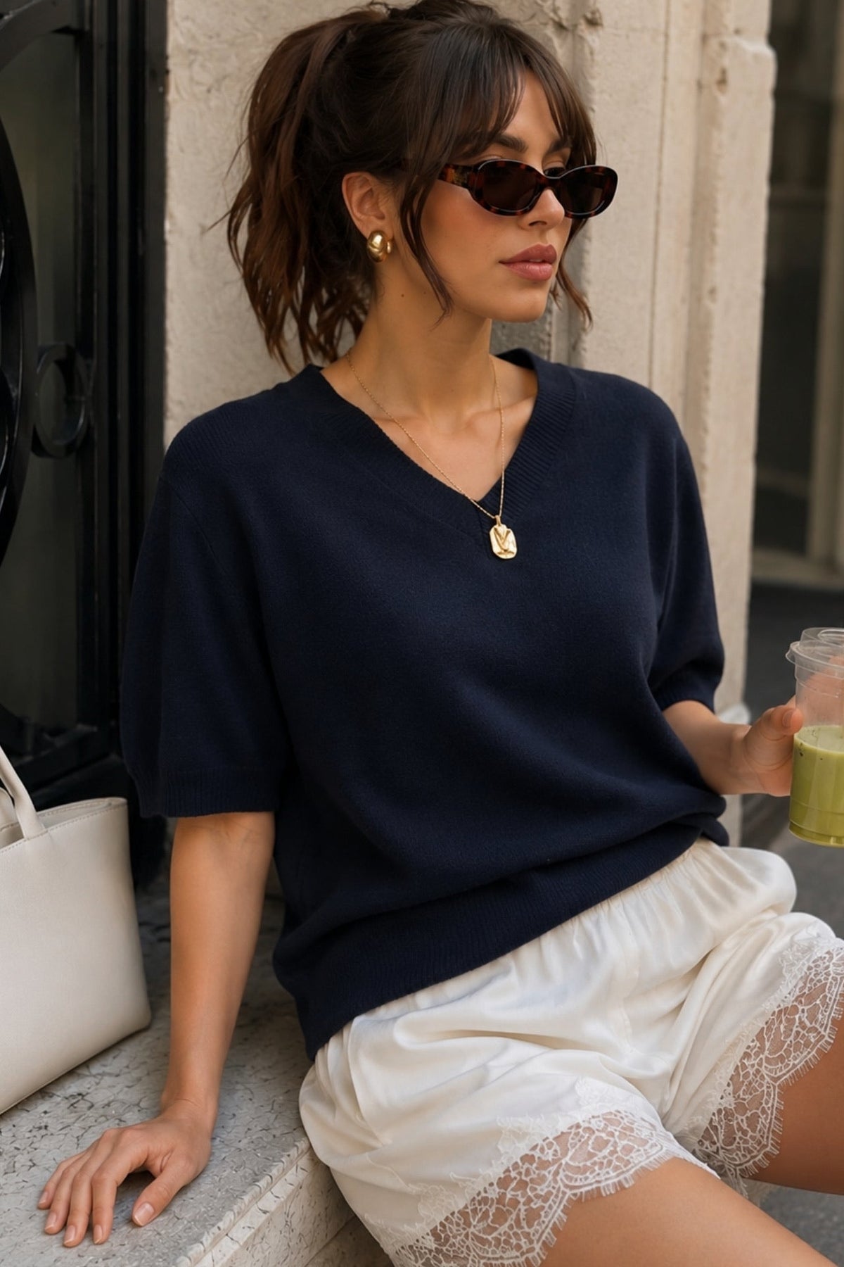 V-Neck Short Sleeve Textured Navy Blouse