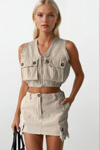 High Waist Lined Buttoned Mini Stone Skirt