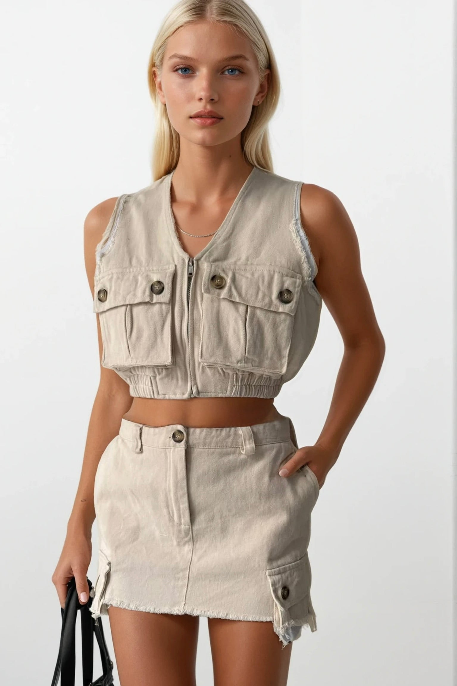 High Waist Lined Buttoned Mini Stone Skirt