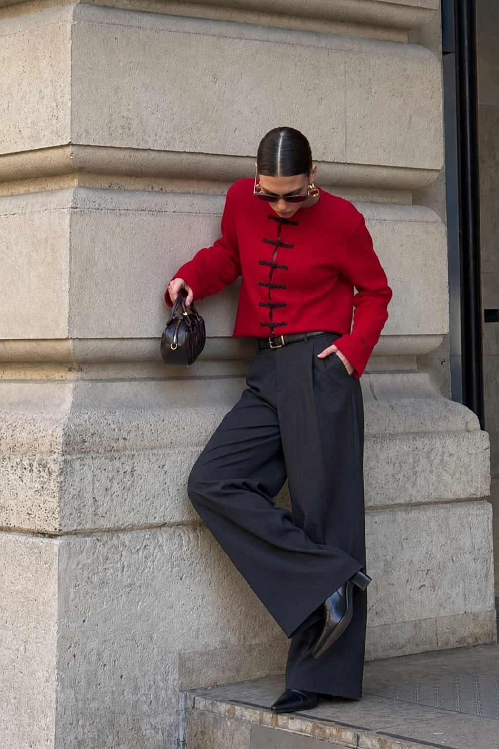 Accessory Detail Crew Neck Red Knit Cardigan