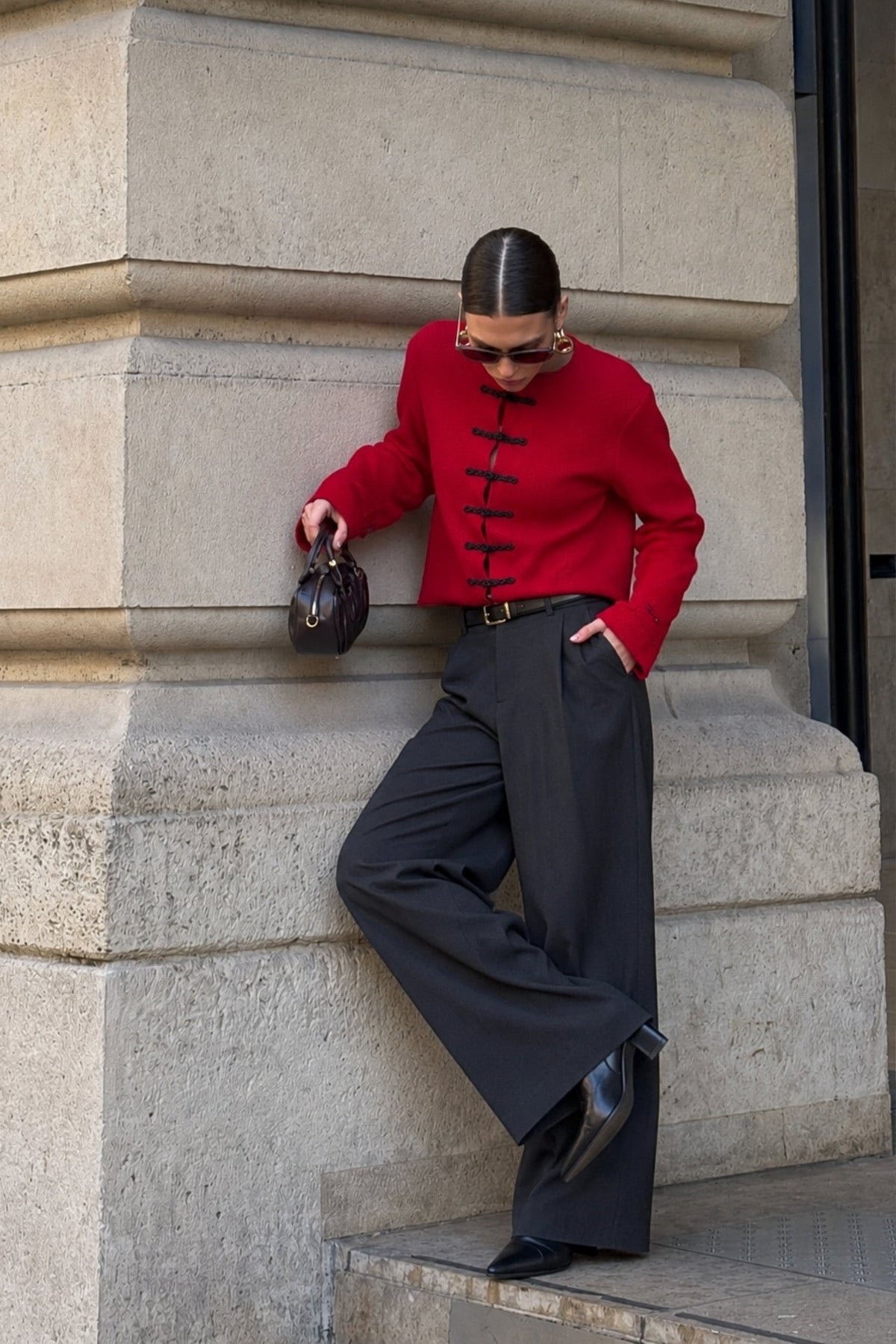 Accessory Detail Crew Neck Red Knit Cardigan