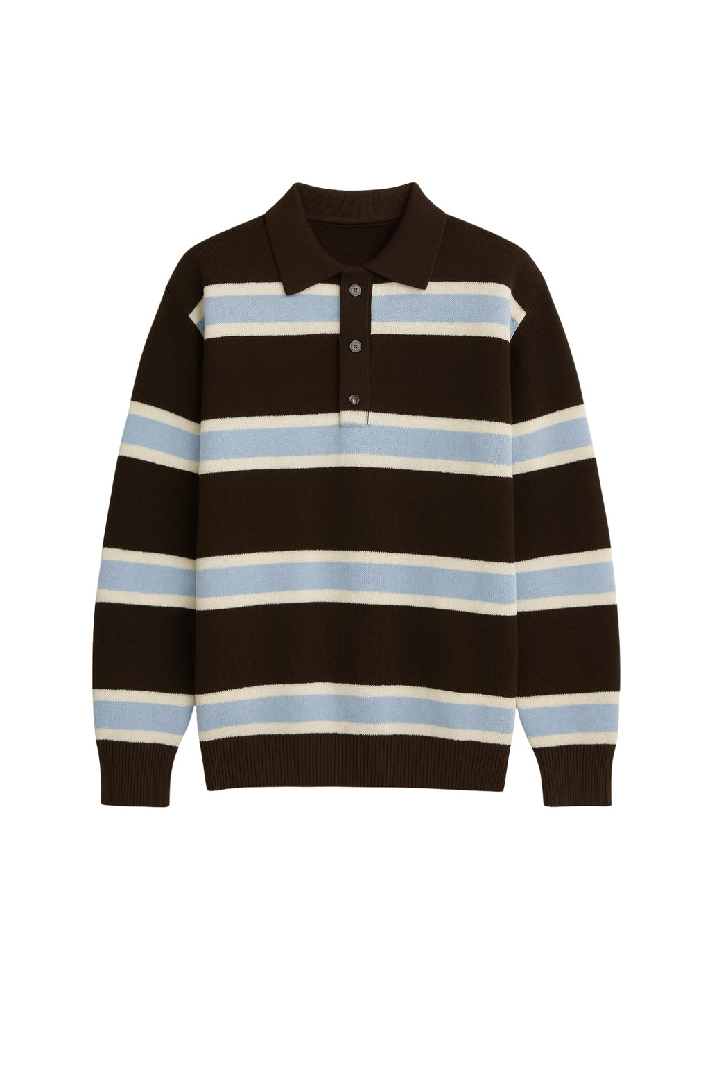 Polo Collar Button Detail Brown Striped Knit Sweater