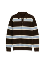Polo Collar Button Detail Brown Striped Knit Sweater