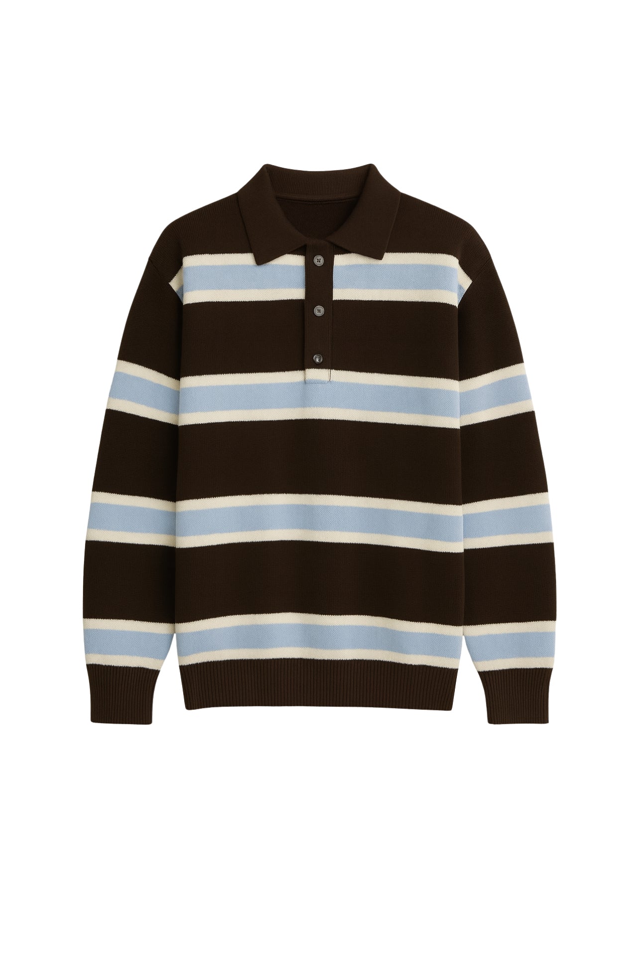 Polo Collar Button Detail Brown Striped Knit Sweater
