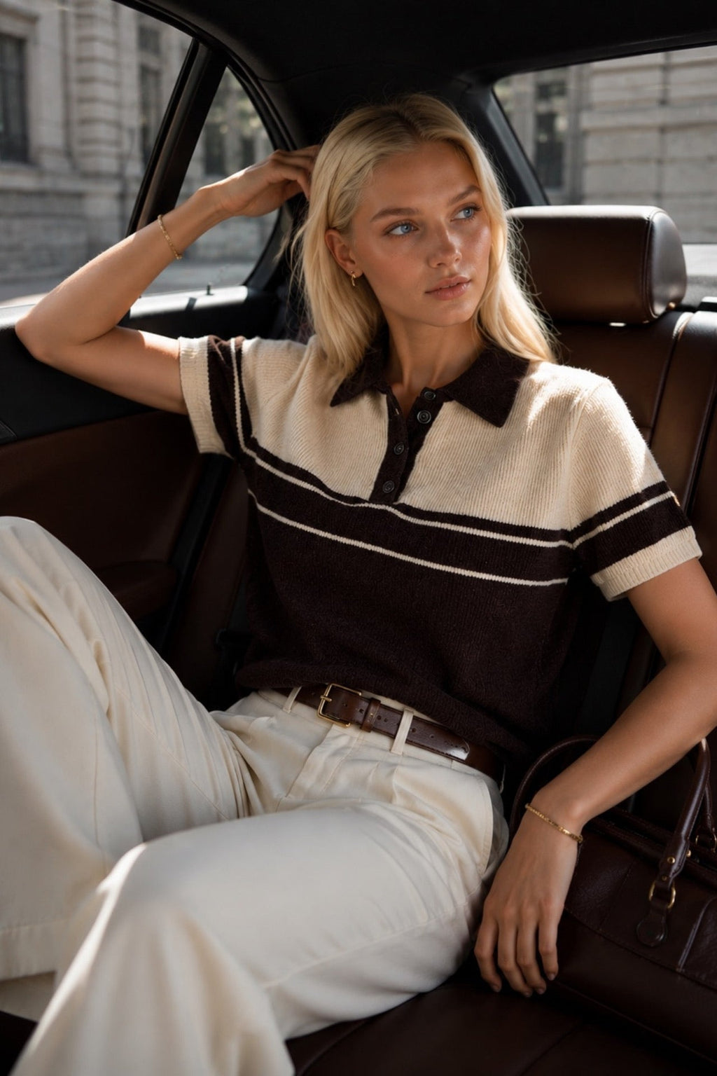 Polo Collar Striped Velvet-Textured Brown Knit Blouse
