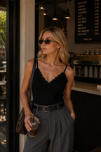 Black Knitwear Blouse with Lace Detail Straps
