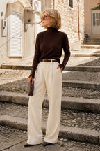 Turtleneck Button Detail Brown Knit Blouse